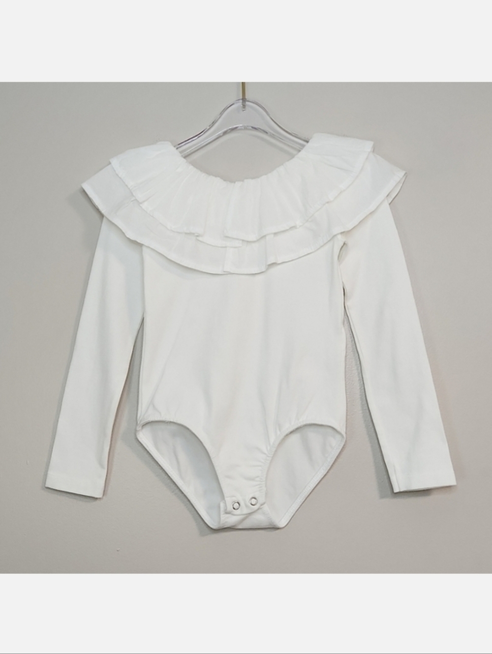 Zara White Ruffled Neck Long Sleeve Bodysuit, Size 7 ~ EUC